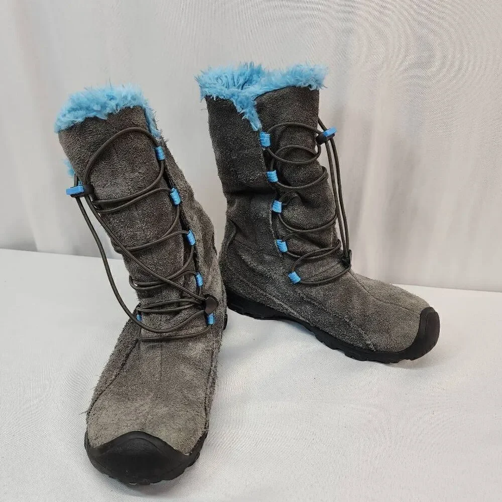 KEEN Brighton Size 4 WP Winter Boot Little Kid/Big Kid Grey Suede Blue  Faux Fur